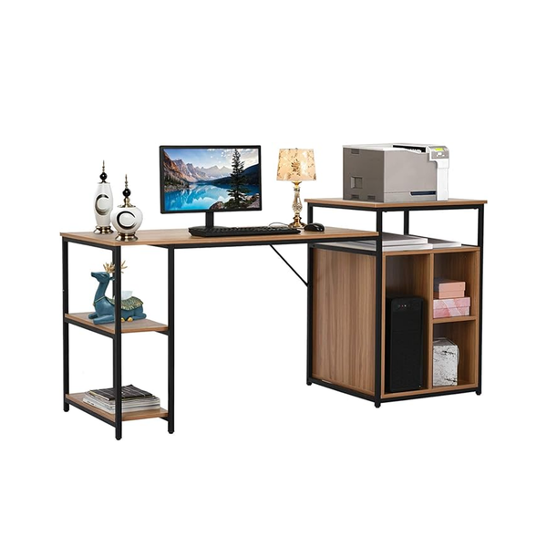 -Shaped Workstation Desk with Shelves and Storage