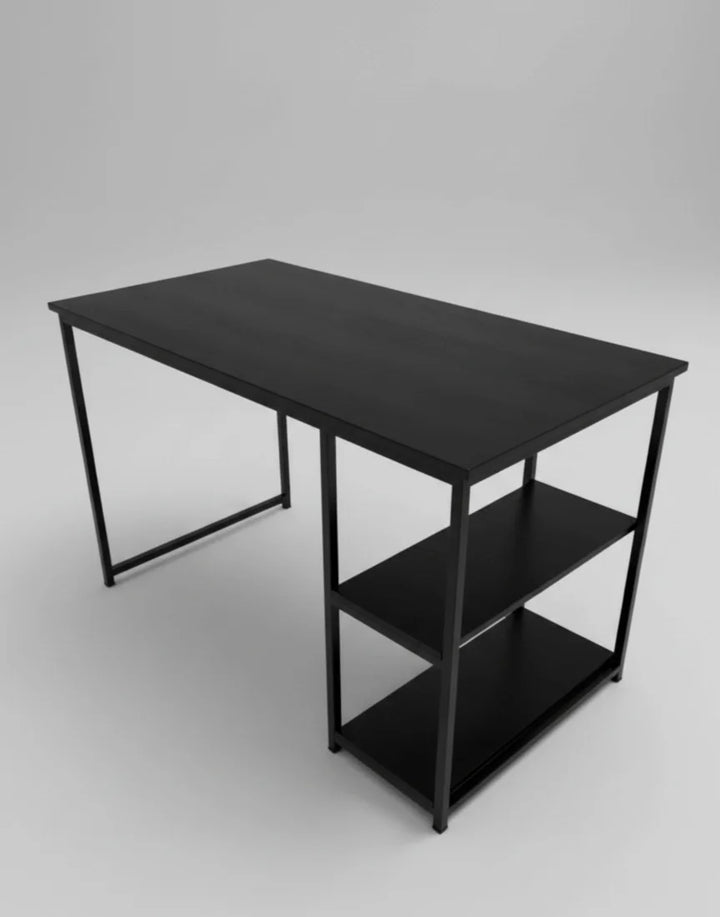 مكتب مودرن بأرفف تخزين جانبية أسود بقاعدة حديد قوية
