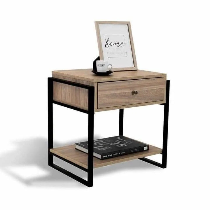 ترابيزة جانبية مودرن بدرج تخزين ورف سفلي واطار معدني